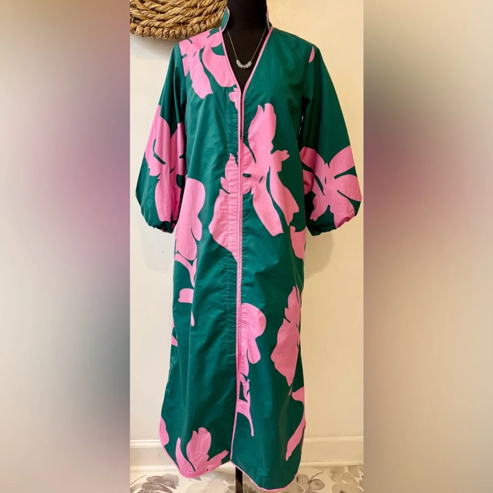 Tuckernuck Hyacinth House Arem Caftan Hunter Green and Pink Floral Size XS - Picture 2 of 13